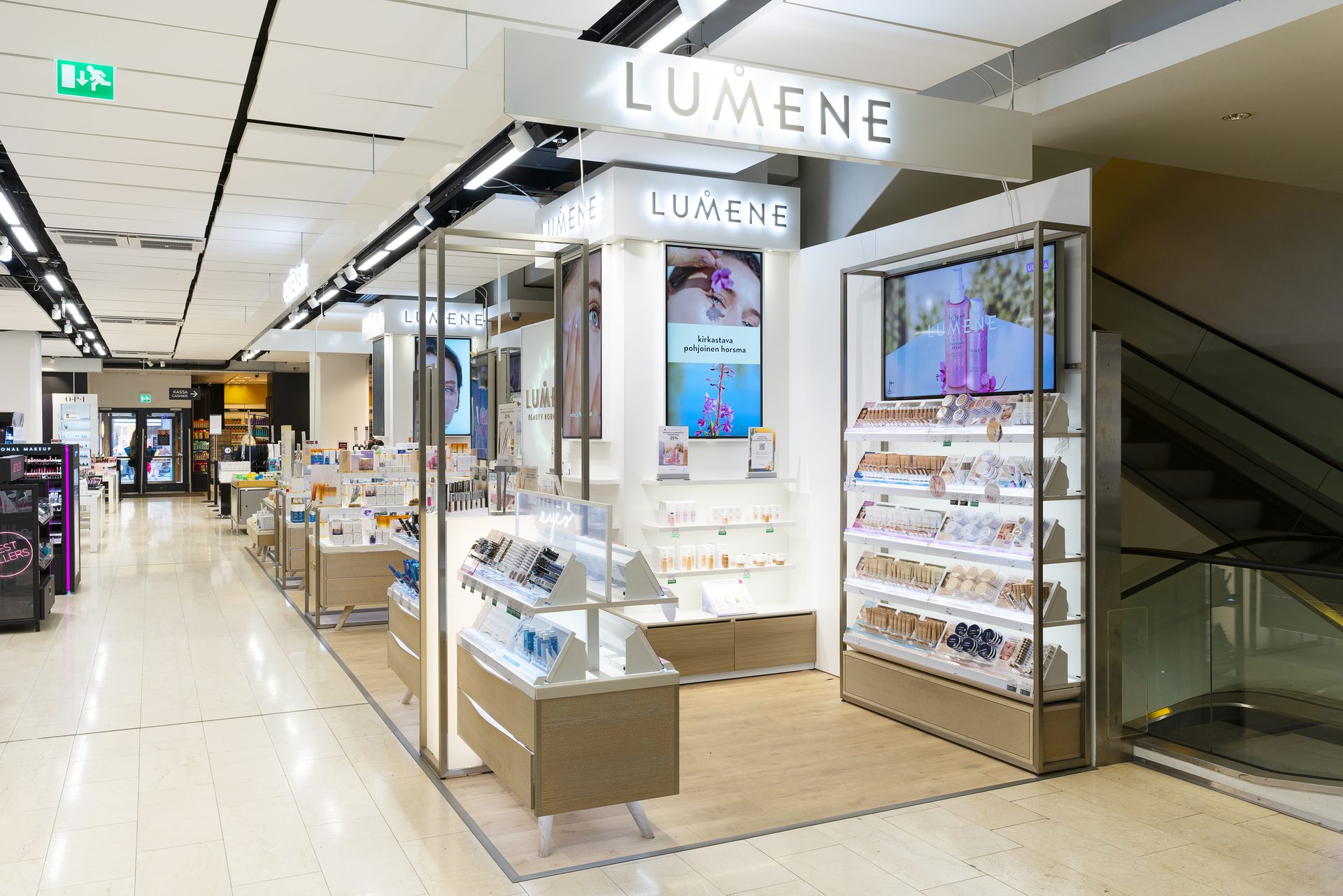Stockmann department-store Lumene corner unit with skincare screens