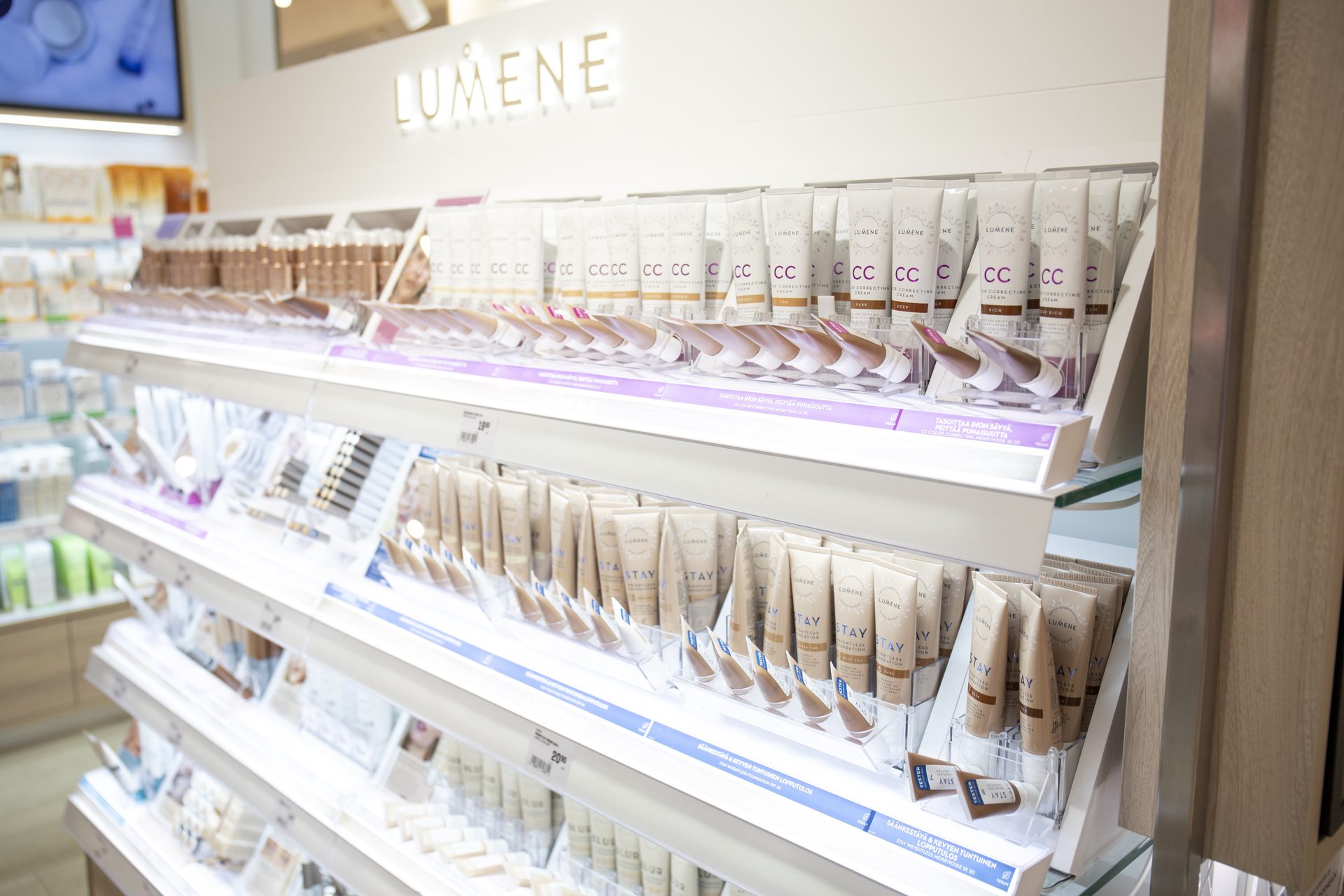 Lumene CC Color Correcting Cream and STAY foundation lined up in tiers